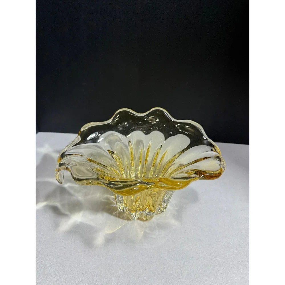 Vintage Murano Style Amber Yellow Sommerso Art Glass Flared Ribbed Vase